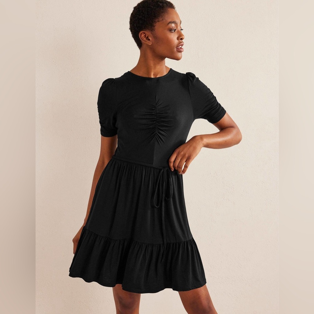 BODEN black dress with tie waist cinched/ruched chest